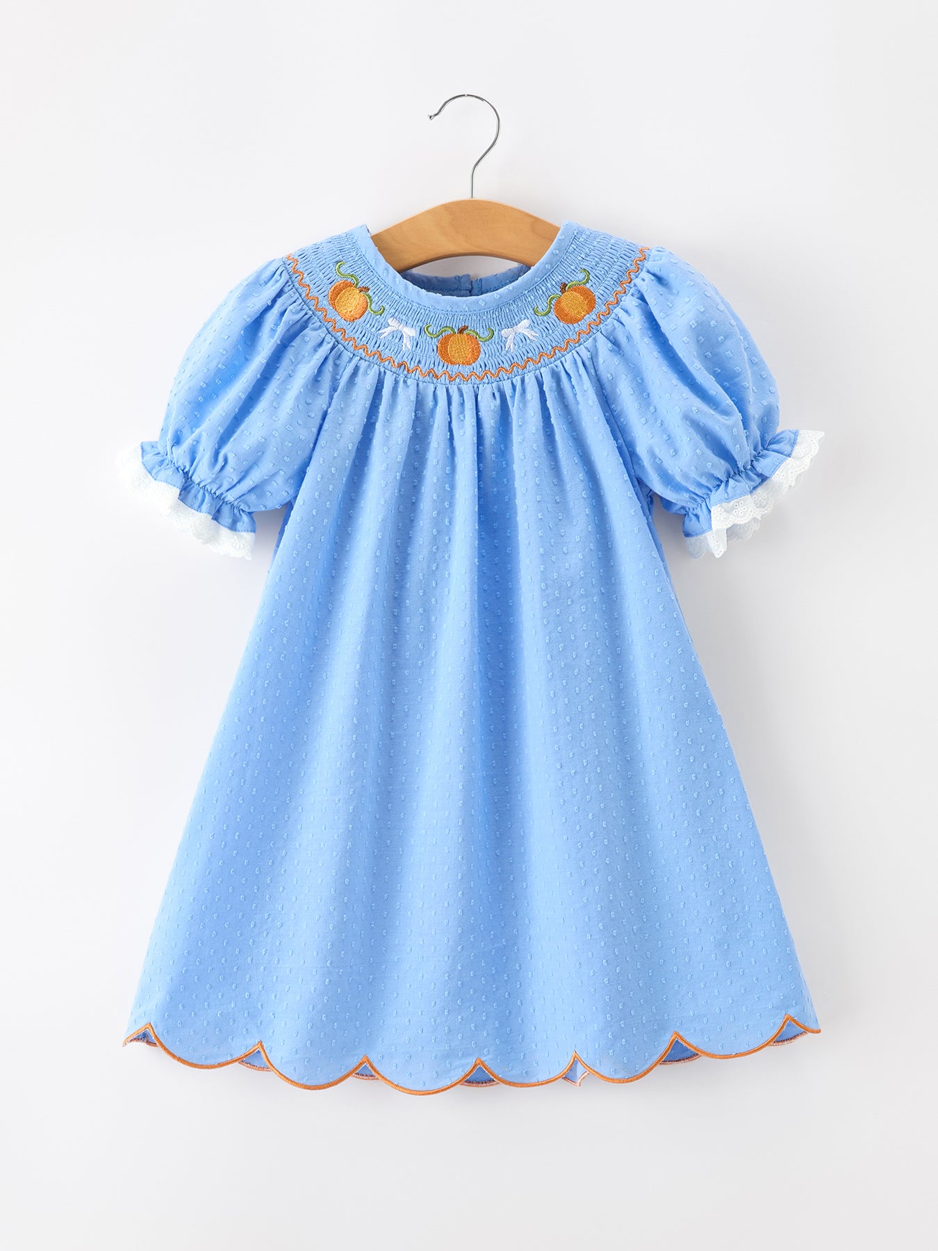 Blue Fall Thanksgiving & Halloween Pumpkin Smock Embroidered Lace Baby Girl Dress | Boutique Autumn Holiday Outfit