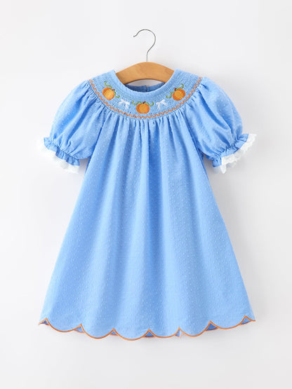 Blue Fall Thanksgiving & Halloween Pumpkin Smock Embroidered Lace Baby Girl Dress | Boutique Autumn Holiday Outfit