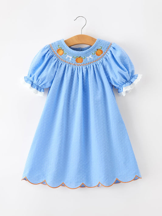 Blue Fall Thanksgiving & Halloween Pumpkin Smock Embroidered Lace Baby Girl Dress | Boutique Autumn Holiday Outfit