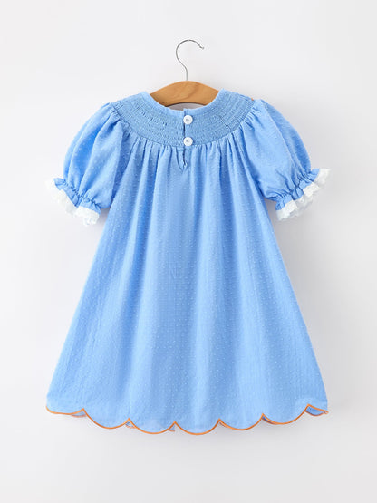 Blue Fall Thanksgiving & Halloween Pumpkin Smock Embroidered Lace Baby Girl Dress | Boutique Autumn Holiday Outfit