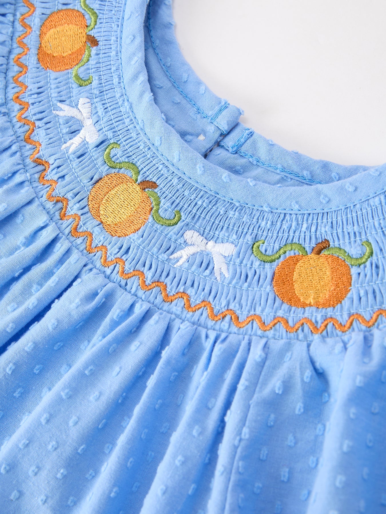 Blue Fall Thanksgiving & Halloween Pumpkin Smock Embroidered Lace Baby Girl Dress | Boutique Autumn Holiday Outfit