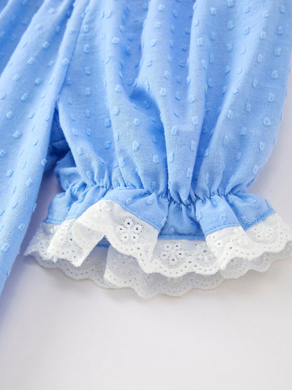 Blue Fall Thanksgiving & Halloween Pumpkin Smock Embroidered Lace Baby Girl Dress | Boutique Autumn Holiday Outfit