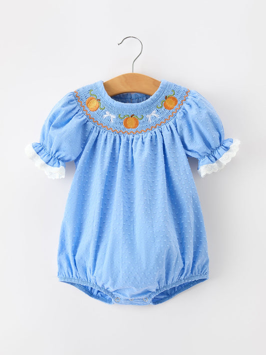 Halloween Thanksgiving Pumpkin Smocked Bubble Romper | Boutique Baby Girl Fall Outfit | Pumpkin Patch Toddler Romper