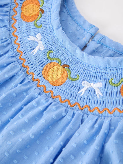 Halloween Thanksgiving Pumpkin Smocked Bubble Romper | Boutique Baby Girl Fall Outfit | Pumpkin Patch Toddler Romper