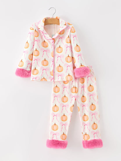 🎃🍂 Halloween Thanksgiving Pumpkin Bow Fur Pajama Set | Cozy Fall Girls Pajamas