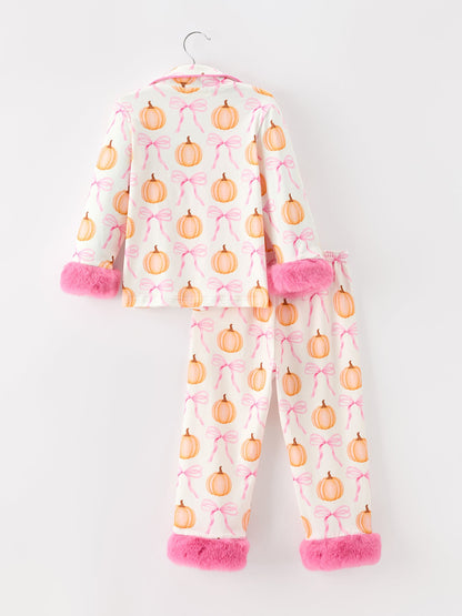 🎃🍂 Halloween Thanksgiving Pumpkin Bow Fur Pajama Set | Cozy Fall Girls Pajamas