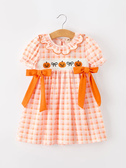 Halloween Pumpkin Plaid Bow Girls Dress | Boutique Baby Girl Fall Outfit | Pumpkin Patch Toddler Dress