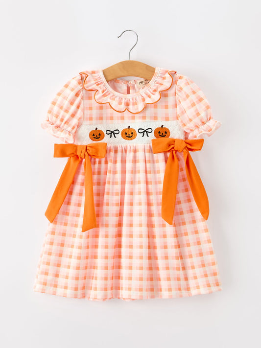 Halloween Pumpkin Plaid Bow Girls Dress | Boutique Baby Girl Fall Outfit | Pumpkin Patch Toddler Dress