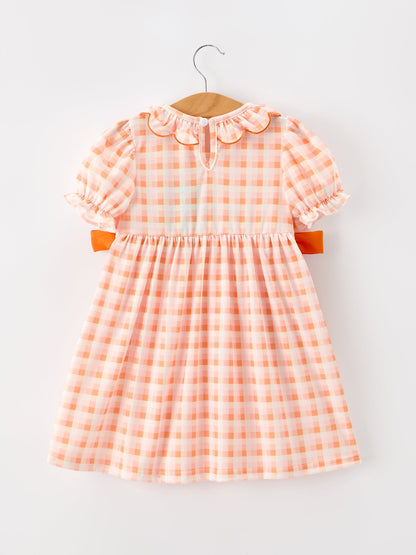 Halloween Pumpkin Plaid Bow Girls Dress | Boutique Baby Girl Fall Outfit | Pumpkin Patch Toddler Dress