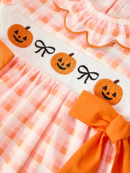 Halloween Pumpkin Plaid Bow Girls Dress | Boutique Baby Girl Fall Outfit | Pumpkin Patch Toddler Dress