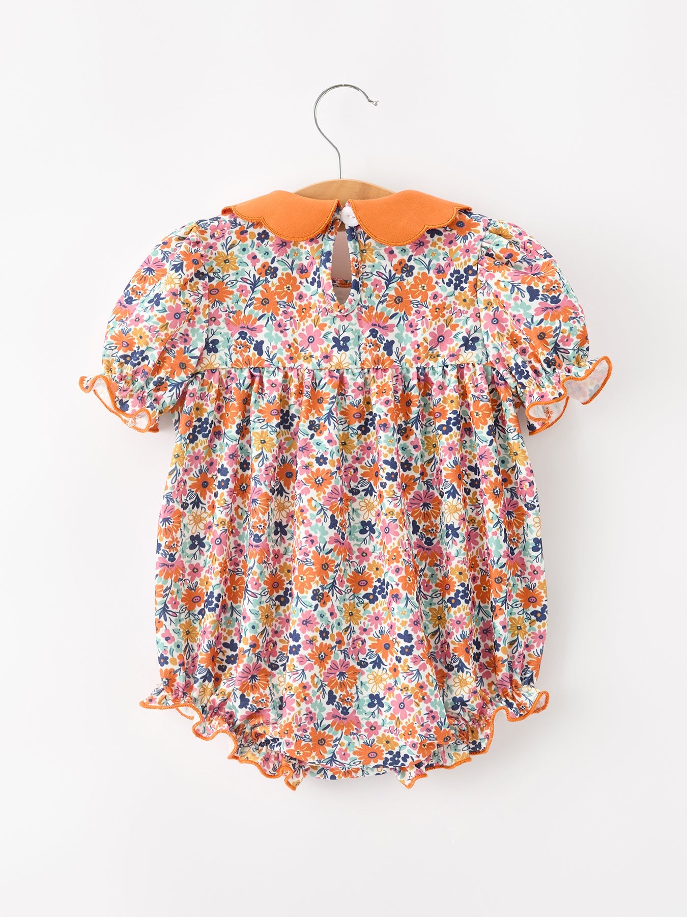 Fall Floral Smocked Petal Collar Girls Bubble Romper | Boutique Baby Girl Autumn Outfit