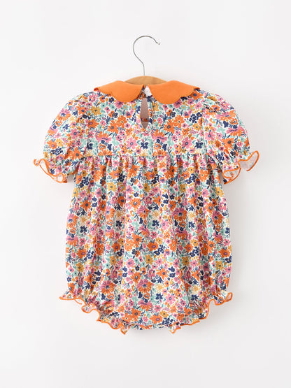 Fall Floral Smocked Petal Collar Girls Bubble Romper | Boutique Baby Girl Autumn Outfit