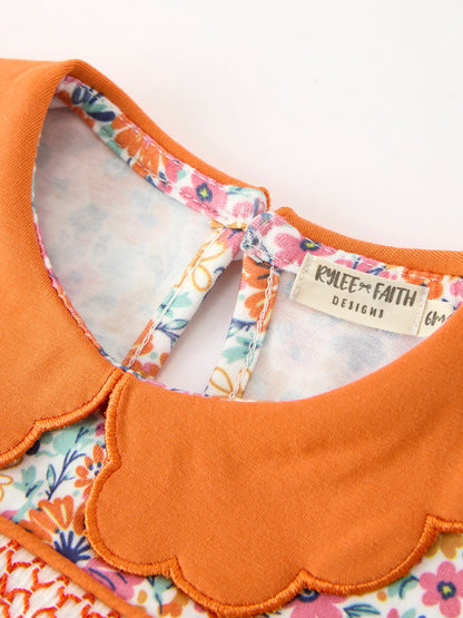 Fall Floral Smocked Petal Collar Girls Bubble Romper | Boutique Baby Girl Autumn Outfit
