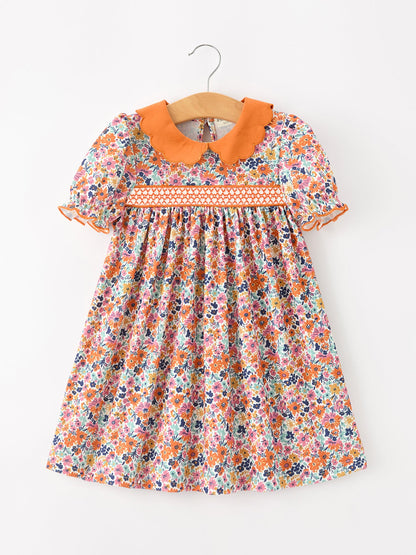 Fall Floral Smocked Petal Collar Girls Dress | Boutique Baby Girl Autumn Dress | Thanksgiving Toddler Outfit