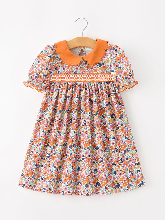 Fall Floral Smocked Petal Collar Girls Dress | Boutique Baby Girl Autumn Dress | Thanksgiving Toddler Outfit