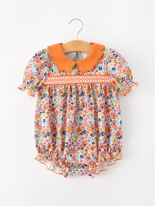 Fall Floral Smocked Petal Collar Girls Bubble Romper | Boutique Baby Girl Autumn Outfit