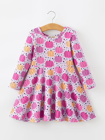 🎃 Halloween Pumpkin Print Girls Long Sleeve Twirl Dress | Cute Fall Boutique Dress for Girls