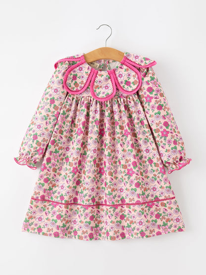 💗 Hot Pink Floral Petals Collar Girl Dress | Boutique Baby Girl Spring & Summer Dress