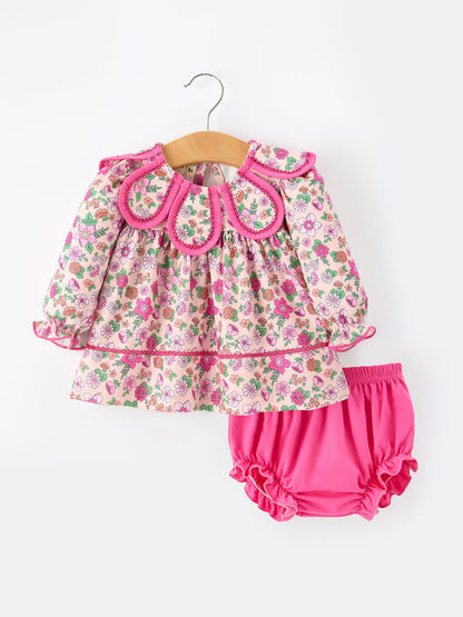 💗 Hot Pink Floral Petals Collar Girl Bloomer Set | Boutique Baby Girl Spring & Summer Outfit