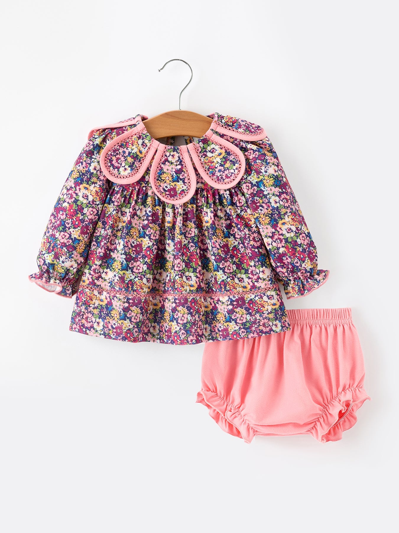🌸 Pink Floral Petals Collar Girl Bloomer Set | Boutique Baby Girl Spring & Summer Outfit