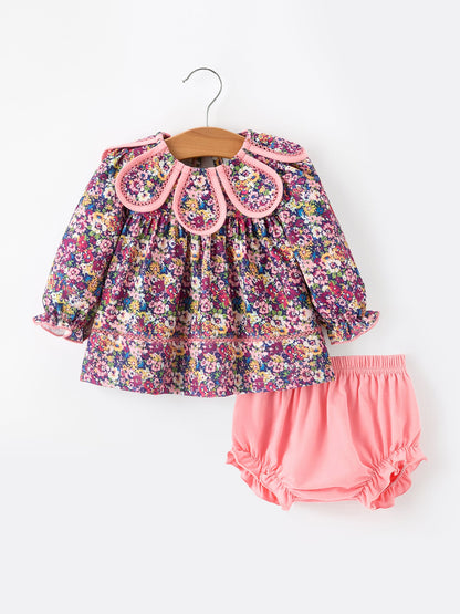 🌸 Pink Floral Petals Collar Girl Bloomer Set | Boutique Baby Girl Spring & Summer Outfit