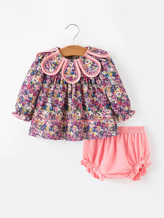🌸 Pink Floral Petals Collar Girl Bloomer Set | Boutique Baby Girl Spring & Summer Outfit