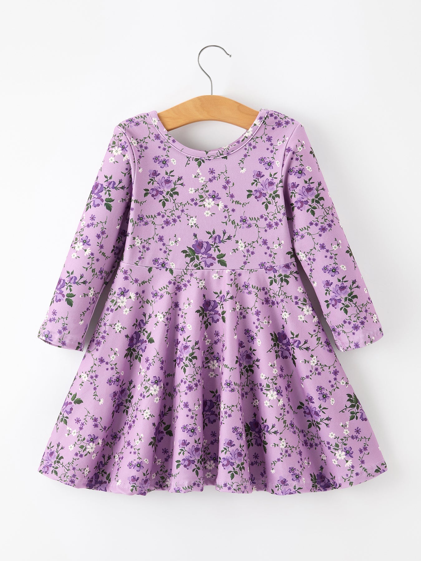 💜 Fall Lavender Floral Print Girls Long Sleeve Twirl Dress | Boutique Baby & Toddler Autumn Dress