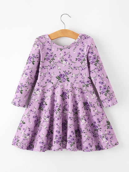 💜 Fall Lavender Floral Print Girls Long Sleeve Twirl Dress | Boutique Baby & Toddler Autumn Dress