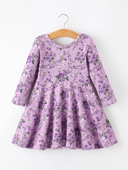 💜 Fall Lavender Floral Print Girls Long Sleeve Twirl Dress | Boutique Baby & Toddler Autumn Dress