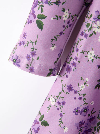 💜 Fall Lavender Floral Print Girls Long Sleeve Twirl Dress | Boutique Baby & Toddler Autumn Dress