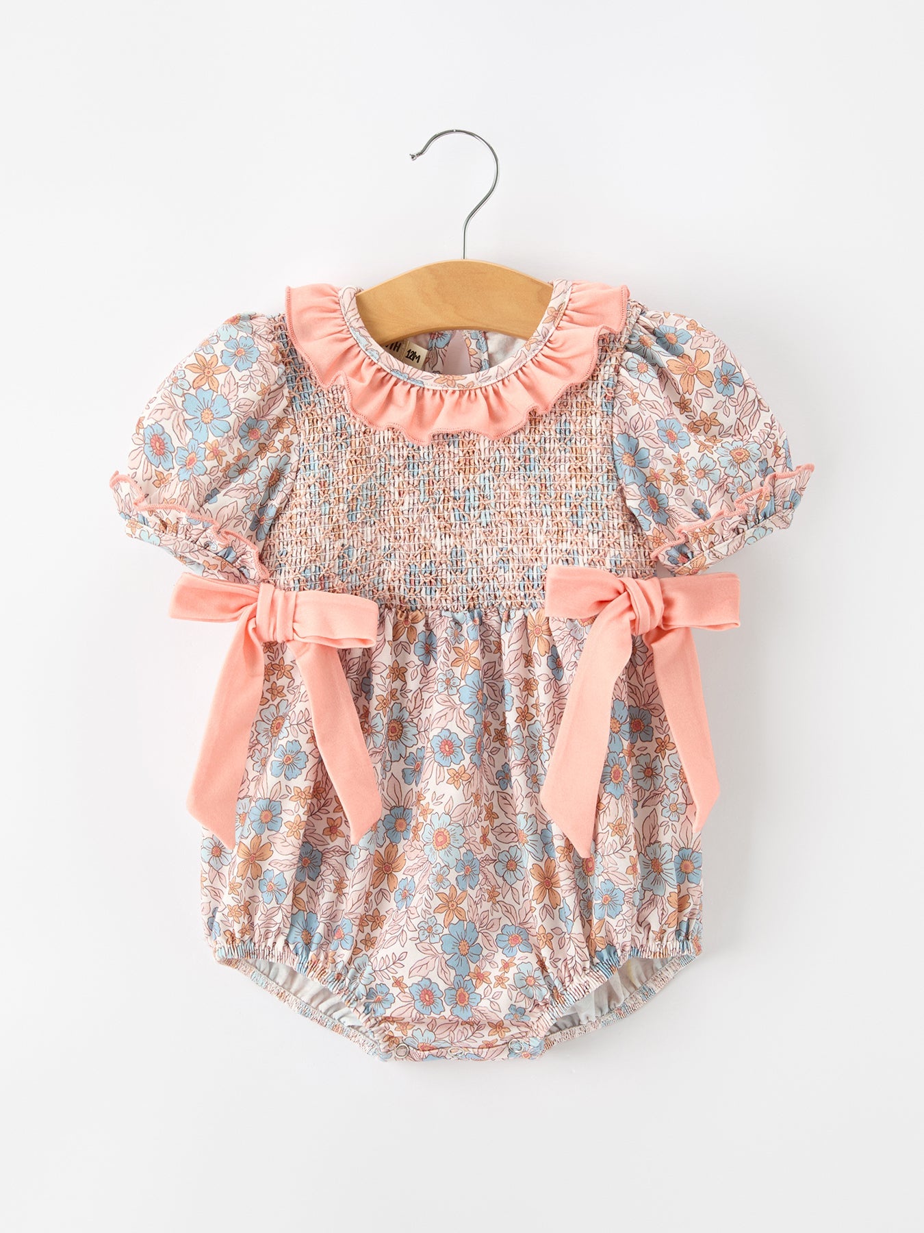 Fall Floral Baby Romper | Smocked Ruffle Neck Bow Girls Outfit | Autumn Boutique Baby Clothes