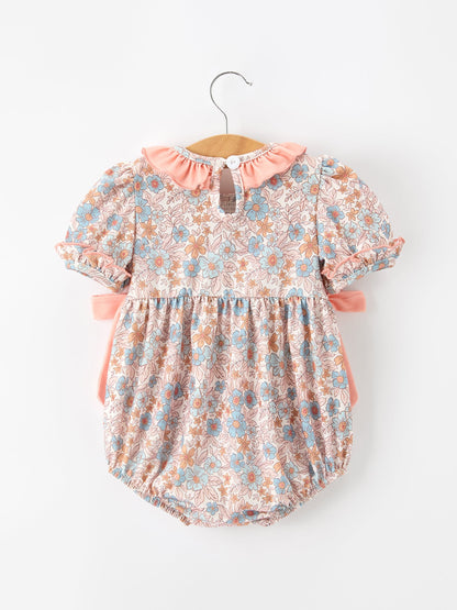 Fall Floral Baby Romper | Smocked Ruffle Neck Bow Girls Outfit | Autumn Boutique Baby Clothes