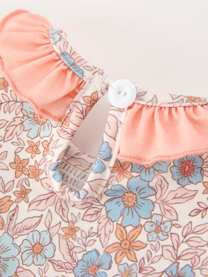 Fall Floral Baby Romper | Smocked Ruffle Neck Bow Girls Outfit | Autumn Boutique Baby Clothes