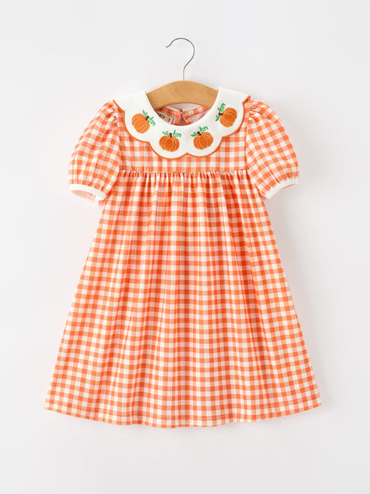 🍂 Fall Pumpkin Embroidered Puff Sleeve Girls Dress | Boutique Autumn Baby & Toddler Dress