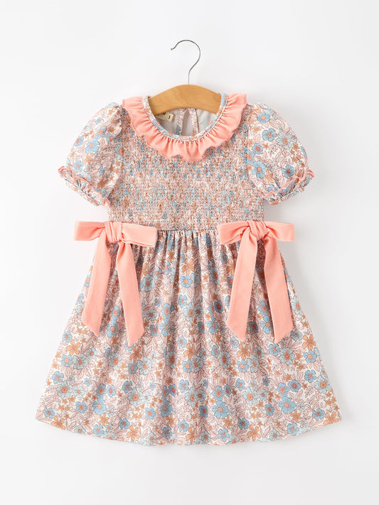 🍂 Fall Floral Girls Dress | Smocked Ruffle Neck Bow Boutique Dress