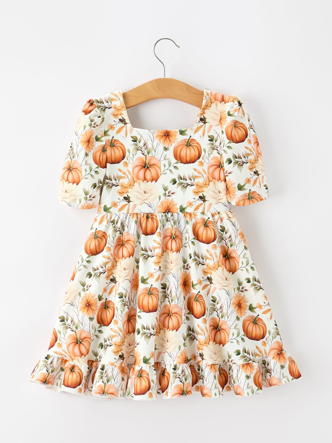 Fall Pumpkin Floral Girls Ruffle Hem Dress | Boutique Baby Girl Autumn Outfit | Pumpkin Patch Toddler Dress