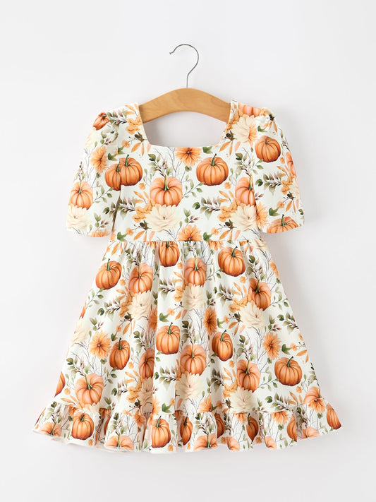 Fall Pumpkin Floral Girls Ruffle Hem Dress | Boutique Baby Girl Autumn Outfit | Pumpkin Patch Toddler Dress