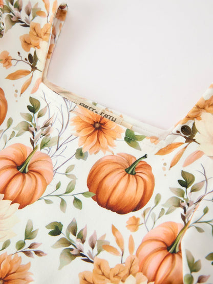 Fall Pumpkin Floral Girls Ruffle Hem Dress | Boutique Baby Girl Autumn Outfit | Pumpkin Patch Toddler Dress