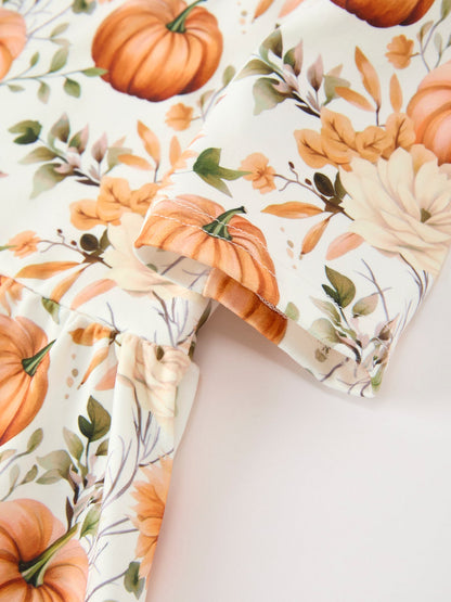 Fall Pumpkin Floral Girls Ruffle Hem Dress | Boutique Baby Girl Autumn Outfit | Pumpkin Patch Toddler Dress