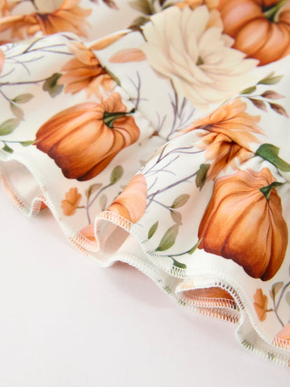 Fall Pumpkin Floral Girls Ruffle Hem Dress | Boutique Baby Girl Autumn Outfit | Pumpkin Patch Toddler Dress