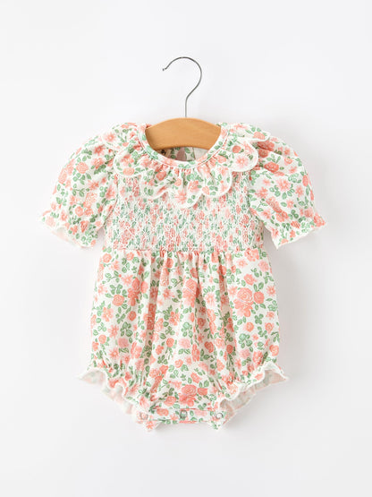 Fall Blush Floral Baby Romper | Smocked Petal Collar Girls Outfit | Autumn Baby Boutique Clothing