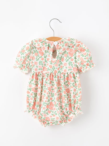 Fall Blush Floral Baby Romper | Smocked Petal Collar Girls Outfit | Autumn Baby Boutique Clothing