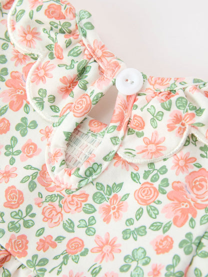 Fall Blush Floral Baby Romper | Smocked Petal Collar Girls Outfit | Autumn Baby Boutique Clothing