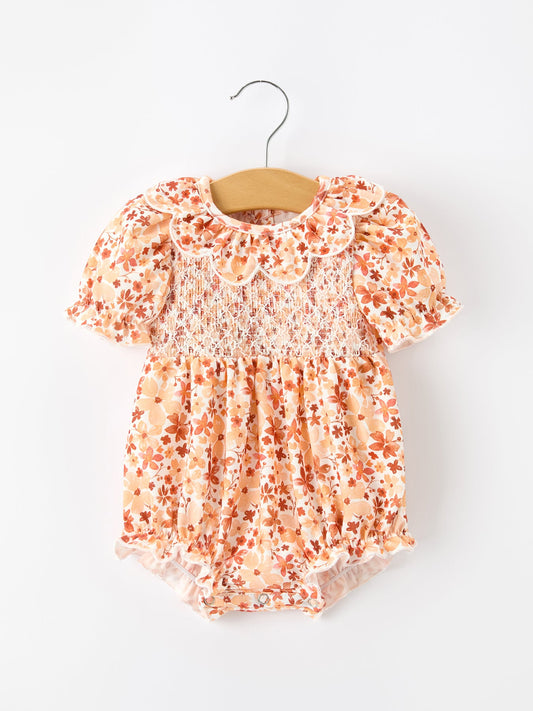 Fall Rust Floral Baby Romper | Smocked Petal Collar Boutique Baby Girl Outfit | Autumn Toddler Romper