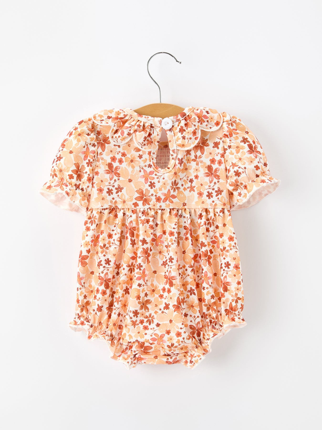 Fall Rust Floral Baby Romper | Smocked Petal Collar Boutique Baby Girl Outfit | Autumn Toddler Romper