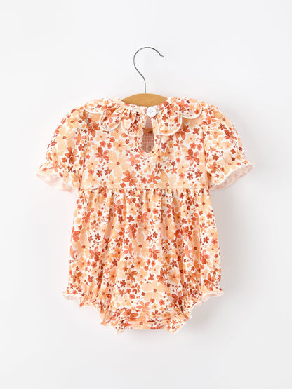 Fall Rust Floral Baby Romper | Smocked Petal Collar Boutique Baby Girl Outfit | Autumn Toddler Romper