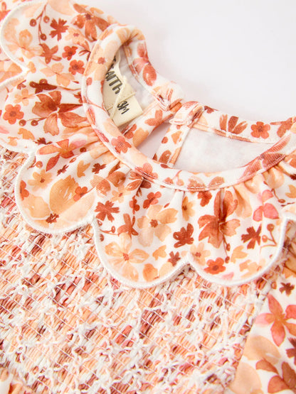Fall Rust Floral Baby Romper | Smocked Petal Collar Boutique Baby Girl Outfit | Autumn Toddler Romper