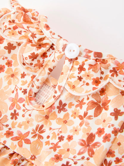 Fall Rust Floral Baby Romper | Smocked Petal Collar Boutique Baby Girl Outfit | Autumn Toddler Romper