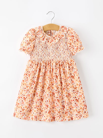 Fall Rust Floral Baby Girls Dress | Smocked Petal Collar Dress | Autumn Boutique Toddler Outfit