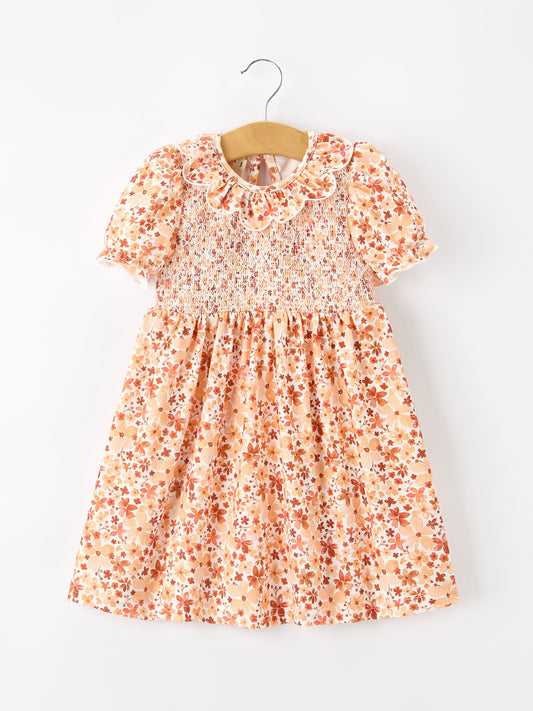 Fall Rust Floral Baby Girls Dress | Smocked Petal Collar Dress | Autumn Boutique Toddler Outfit